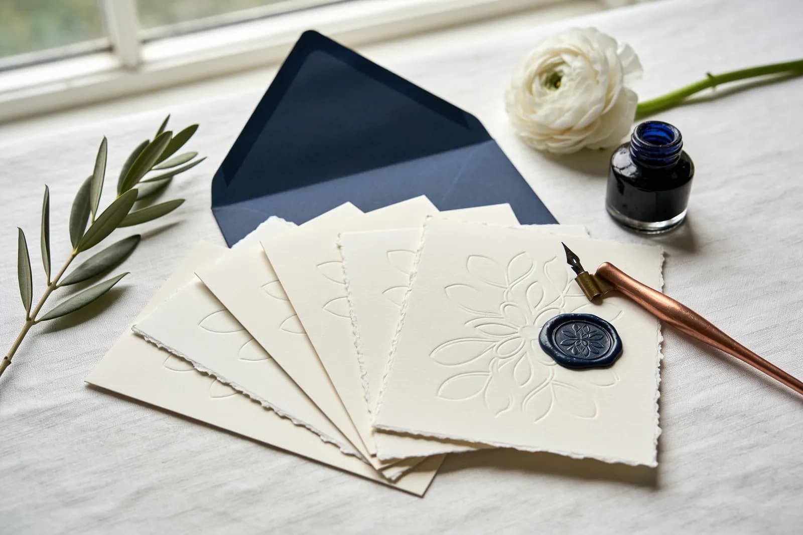 Invitații din hârtie de bumbac cu margini rupte și sigiliu de ceară bleumarin, un plic bleumarin, o peniță de cupru și un ranunculus alb.
